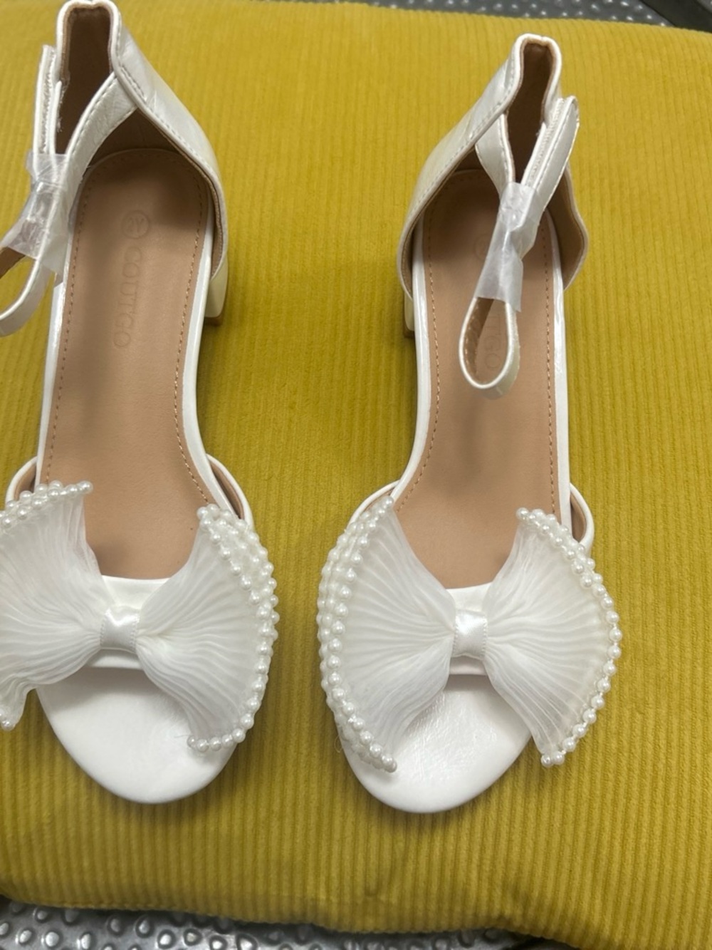 Girls' White Pearl Bow Ankle-Strap Heels